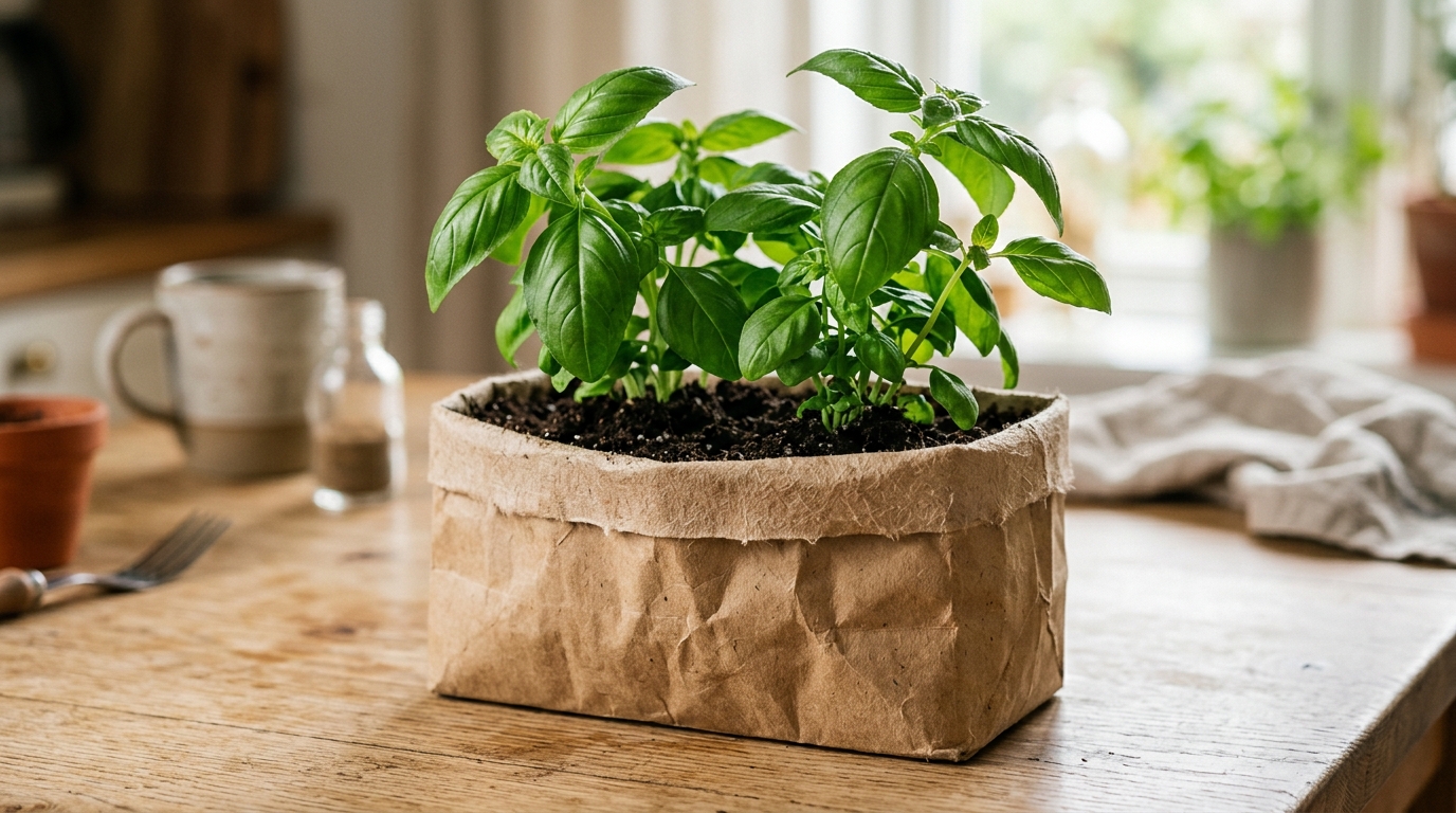 Upcycling-Kräutertopf aus recyceltem Getränkekarton im Kraftpapier-Look mit frischem Basilikum